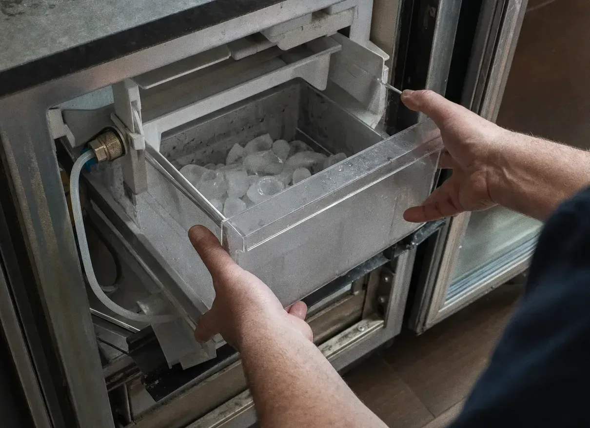 Two hands lifting a clear ice bin full of cubes out of an open stainless under-counter drawer